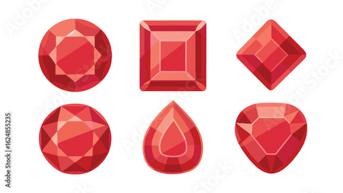 six red gemstones in various shapes including round square and teardrop on white