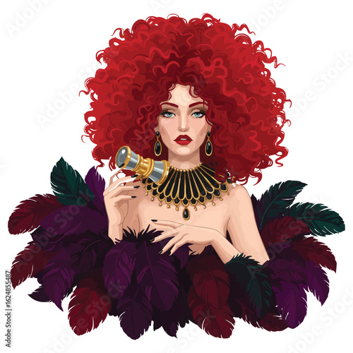 Elegant Woman with Red Curly Hair and Feather Boa Holding a Monocular