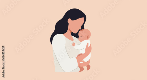 Mother holds baby close, neutral background. Illustrates a nurturing family dynamic