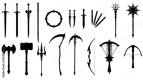 Silhouettes of Weapon Set, Fantasy Theme, swords, chakram, daggers, throwing knife, wand, staff, war axe, war hammer, trident, scythes, bow, crossbows.