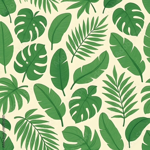 Seamless Tropical Leaf Pattern: Lush Green Foliage on Cream Background