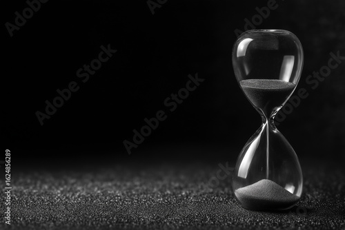 A dramatic black and white image of a glass hourglass with sand nearly depleted, a powerful symbol of the inexorable passing of time and an approaching critical deadline.