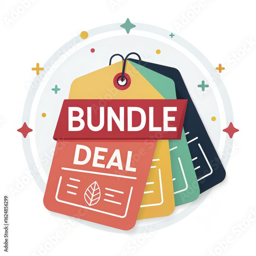 Colorful price tags displaying a bundle deal offer are hanging together, isolated on white