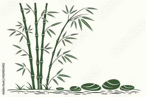 Illustration of bamboo stalks with leaves and smooth stones on a wavy surface in a zen garden scene