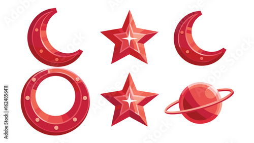red celestial bodies including moons stars a ring and a planet on a white background