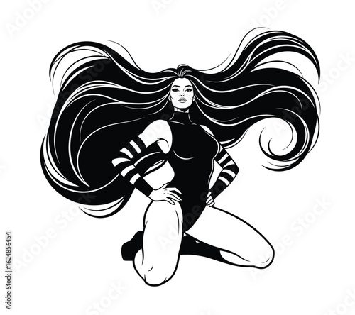 Bold Superhero Woman Cartoon Vector with Flowing Hair and Dynamic Heroic Pose