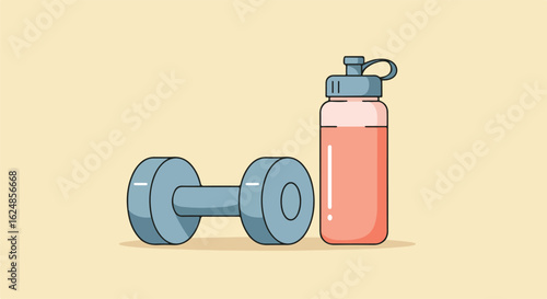Weight & water bottle sit idle on beige surface; fitness promotion/illustration use