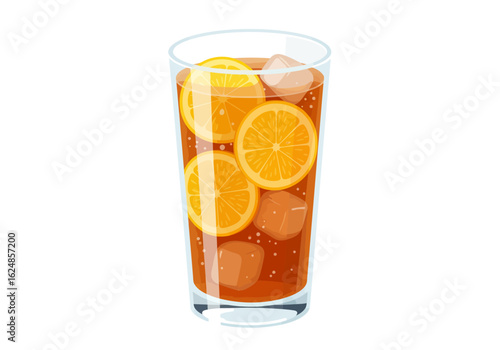 A glass filled with orange slices ice cubes and liquid