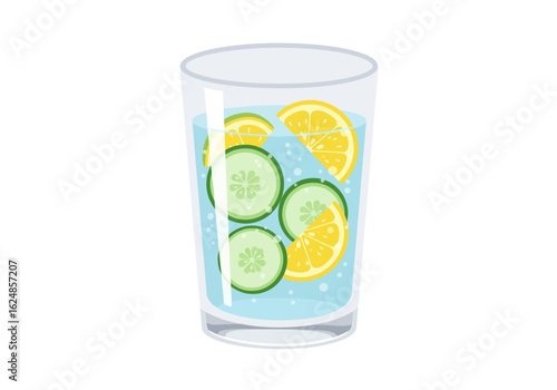 A glass of water infused with cucumber and lemon slices