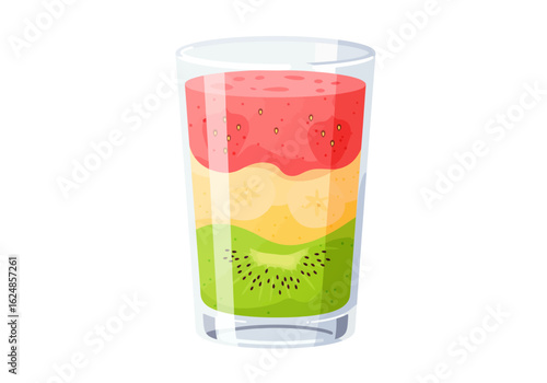 A layered smoothie in a tall glass with kiwi banana and strawberry layers