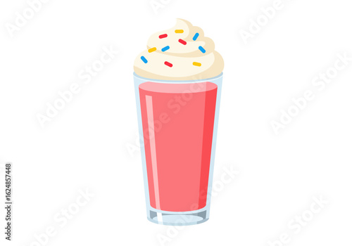 Pink shake in glass topped with whipped cream and multicolored sprinkles