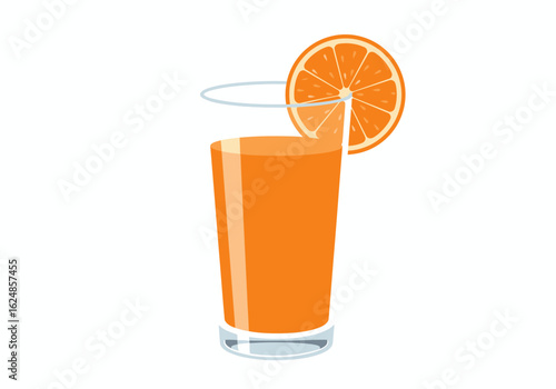 Orange juice in a glass garnished with an orange slice on a white background