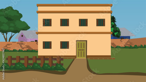 Classic Village House with Large Veranda and Green Lawn