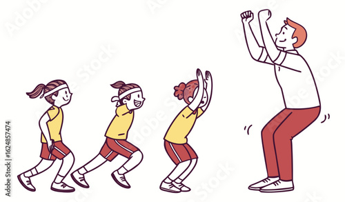 Group of children and a coach in a gym class doing exercises like pull-ups and squats. Cartoon style on a white background. Concept of youth fitness. Flat line art cartoon vector illustration         