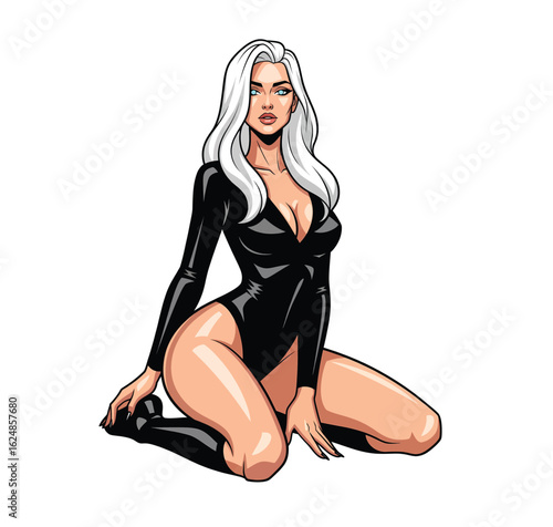Seductive Woman in Black Bodysuit Kneeling with Long White Hair, Modern Pin-Up Vector Art