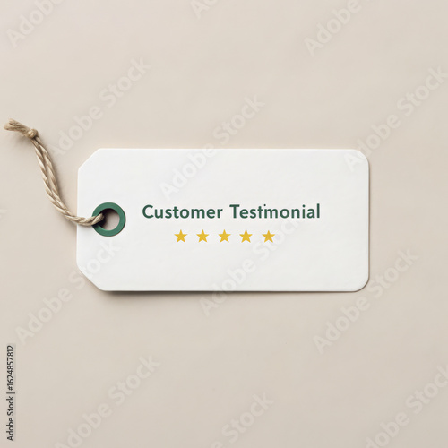 Tag features four gold stars and the words Customer Testimonial in green