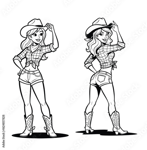 Cheerful Cowgirl Cartoon Character in Plaid Shirt and Boots, Front and Back View Western Vector Illustration