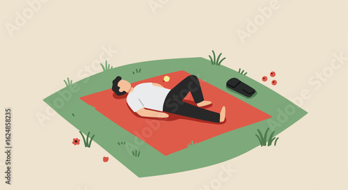 Man lies on blanket, relaxes in a meadow, for recreation & wellness concepts