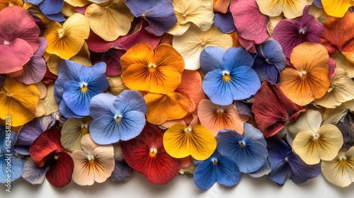 Vibrant assortment of colorful pansy flowers in full bloom, showcasing variety of hues including blue, orange, red, and yellow, creating lively and cheerful display