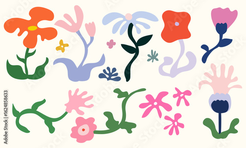 Colorful funky flower elements in modern flat vector style for decorative digital design