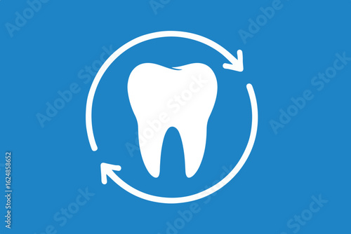 White dental tooth symbol with circular arrows on blue background showing dental health maintenance and oral care dental care graphics