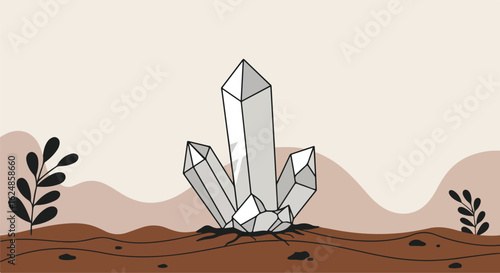 Crystal growing in nature against background, illustration for energy, wellness