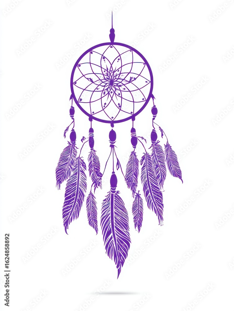 Obraz premium Intricate Purple Dreamcatcher with Detailed Feathers on White Background