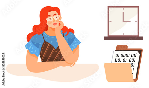 Woman in casual attire contemplating ideas, binary-coded document in folder, wall clock. Ideal for workflow, decision-making, time management, creativity, problem-solving, coding planning concepts