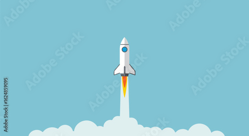 Rocket launching to space, flat vector design, on blue sky with white cloudscape