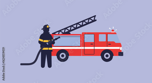 Firefighter with hose near truck, siren flashing, fire safety illustration use