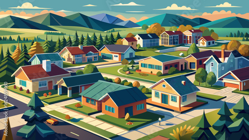 American community houses in US suburbs. View from above of large residential homes in small town in rural Tennessee