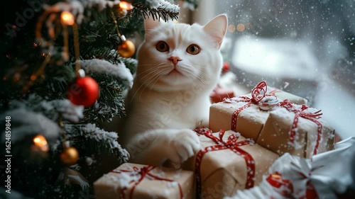 An adorable white cat by a decorated Christmas tree with gifts, looking at falling snow. Cozy holiday scene, perfect for a greeting card or festive digital illustration animation.