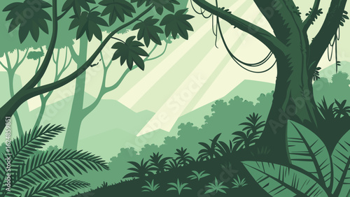 Illustration of a dense green jungle with tall trees and lush vegetation under sunlight shining through leaves
