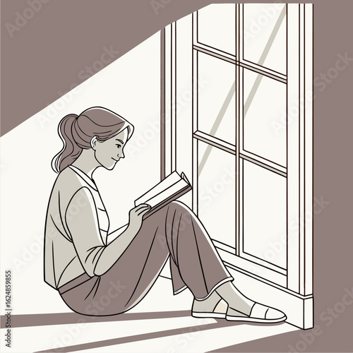 A woman seated near window holding an open book