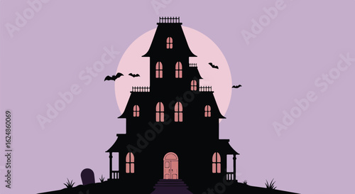 Creepy house silhouette with bats flying in front of the full moon at night