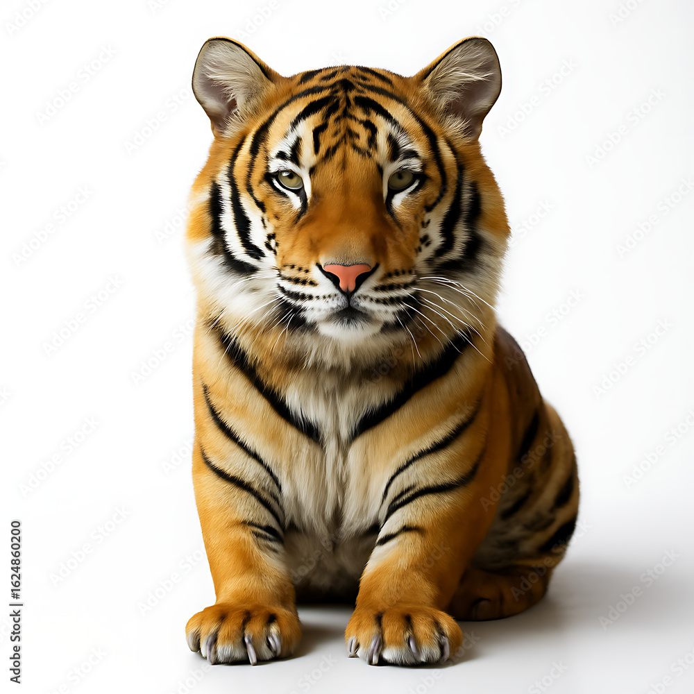 Obraz premium Majestic Tiger Cub Posing with Adorable Charm A Captivating Portrait of Feline Innocence and Playfulness on White Background