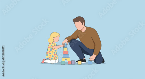 Dad and daughter stacking blocks at home on a solid background. Use family blog
