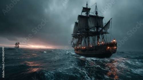 Wallpaper Mural A large sailing ship, dark and imposing, navigates stormy seas at sunset Torontodigital.ca
