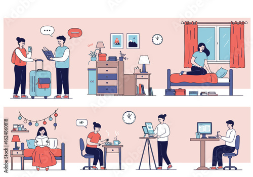 People in Various Daily Activities: Reading, Working, and Traveling