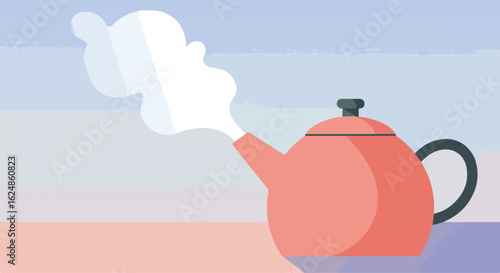 Steaming teapot indoors with sky background, ideal for relaxation, wellness ads