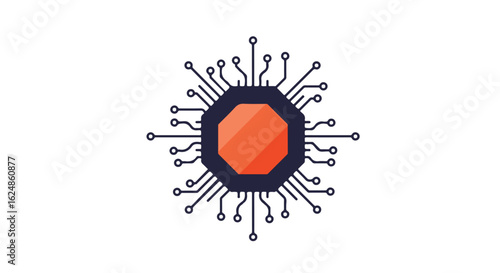 Orange CPU on a white background; illustration of circuit design for posters