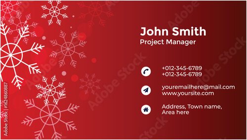 Business card with name and contact details on a red background with snowflakes