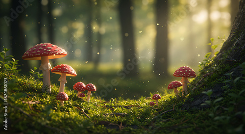 Forest Fairy Tale Mushrooms in Mossy Ground.