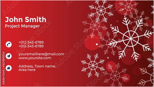 Business card with name and contact details on a red background with snowflakes