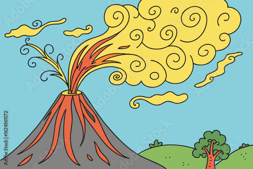 Cartoon volcano erupting with swirling lava and smoke in colorful landscape