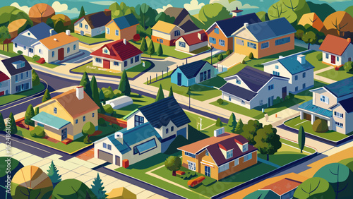 American community houses in US suburbs. View from above of large residential homes in small town in rural Tennessee