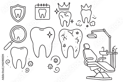 Collection of dental health icons showing tools, teeth care, and medical equipment for dentistry and oral hygiene concepts dental care graphics