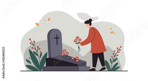 Woman lays flowers at a tombstone in a cemetery. Abstract background. Sadness