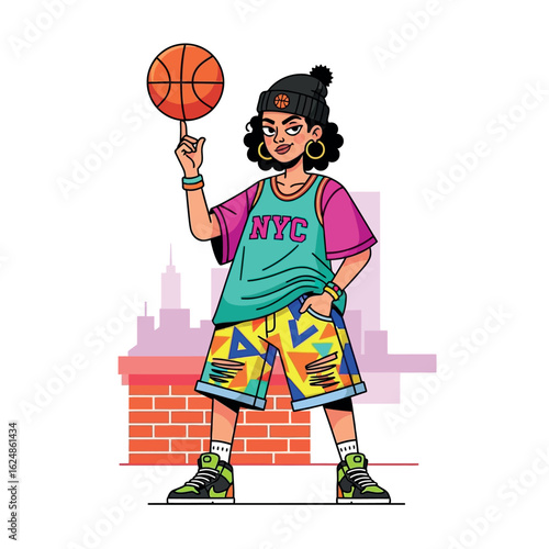 Vector illustration of a cool woman in urban street style fashion spinning a basketball on her finger with an NYC city skyline backdrop.