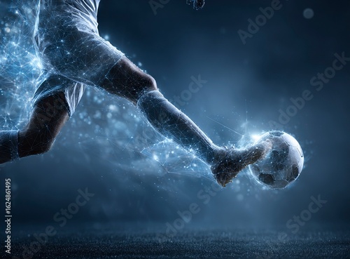 Soccer ball and foot kicking, football background with digital technology concept. Digital mesh hologram network connection data on a dark blue abstract background with a soccer player's leg in motion